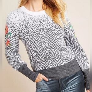 Antropologie Karolina Wool Cashmere Puff Sleeve Cross Stitch Floral Sweater S